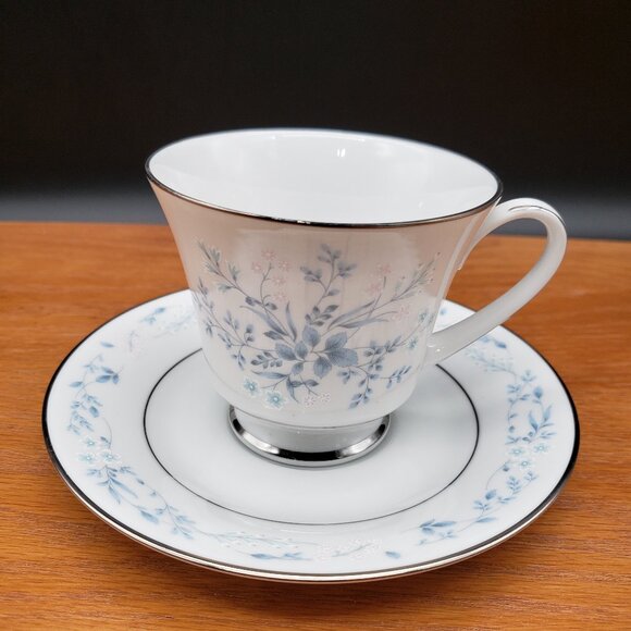 Noritake Carolyn 2693 Cup & Saucer Set – Blue Floral Platinum Trim China - Picture 1 of 5